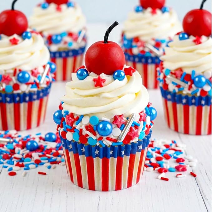 Patriotic Sprinkles, 4th of July, 130g/4.59oz, Edible Red White Blue Jimmies Sprinkles for Cake Decorating, Cake Decorations, Cupcake Toppers, Independece Day Festival Supplies