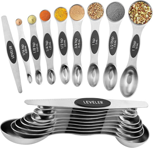 Magnetic Measuring Spoons Set Stainless Steel with Leveler, Dual-Sided Metal Measuring Spoons for Baking & Cooking, Fits in Spice Jars, Must-have Kitchen Gadgets, 8 Measuring Spoons & 1 Leveler, Black