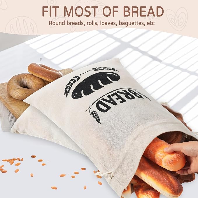 Bread Bags for Homemade Bread, Line Produce Bread Bag Storage, Drawstring Reusable Sourdough Bread Bags for Toast, Loaf,Sandwich Fresh (Linen Lined)