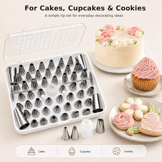 55 Pcs Piping Tips Set with Storage Case, Stainless Steel Icing Nozzles for Cake Decorating, 48 Small and 4 Large Frosting Tips, 1 Coupler, 2 Flower Nails for Cupcakes, Cookies, Desserts