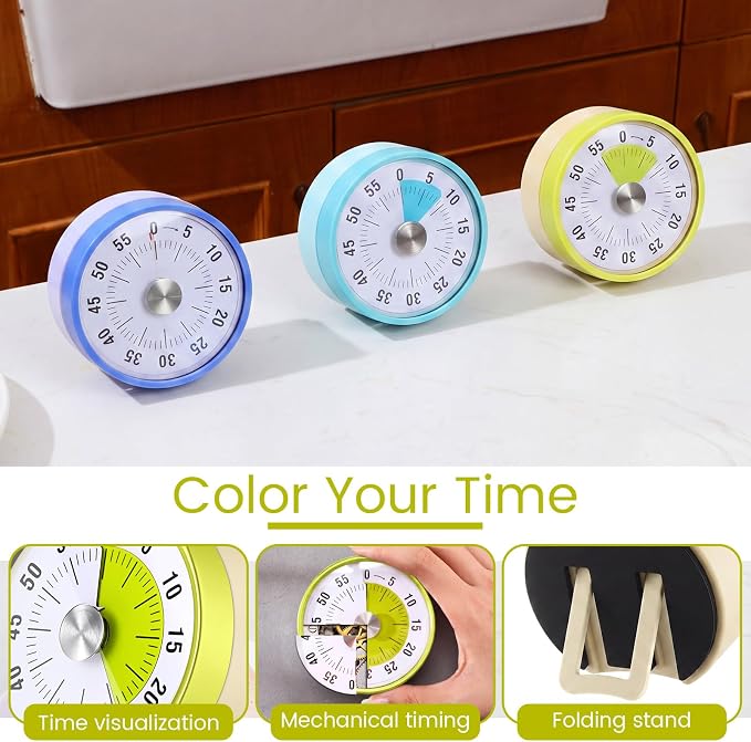 Blosssound 3 Pcs 60 Minute Visual Timers 3 Inch Mechanical Desk Countdown Timer with Magnetic Foldable Legs Hanging Hole Alarm Kitchen for Cooking Study Tool Meeting (Multicolor)