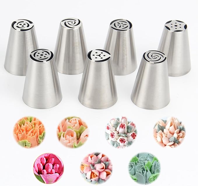 7-Pieces Large Russian Piping Tip, 304 Stainless Steel Korean Style Nozzle, Creative Frosting, Buttercream, and Bean Paste Decorating Tip for Cupcakes, Cookies, and Desserts (L, Style 1)