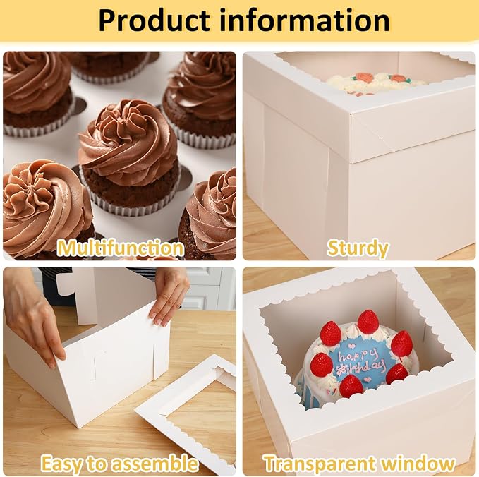 Moretoes 12pcs Cake Boxes, 10x10x8 Inches Tall Cake Carriers with Window, Square Bakery Box with Lids for Donuts, Pies, Cookies, Wedding, Birthday (White)