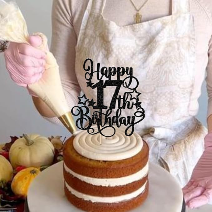 1 PCS Happy 17th Birthday Cake Topper Glitter Cheers to 17 Years Birthday Cake Pick Hello 17 Fabulous Cake Decoration for Happy 17th Birthday Anniversary Party Decorations Supplies Black