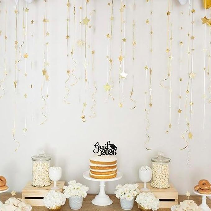 1 Pack Grad 2026 Cake Topper with Glitter Congrats Grad Cap Class of 2026 Cake Pick Decorations for 2026 Graduation Theme School Boys Girls Graduate Party Supplies Black