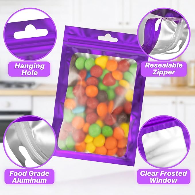 ANZNKU 100 PCS Multicolor Resealable Mylar Bags with Frosted Clear Window Packaging Bags Foil Pouch Zipper Bag for Food Self Sealing Jewelry Storage Supplies (4.72x7.87)