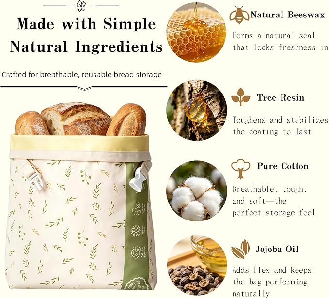 Reusable Beeswax Bread Bags, Bees Wax Lined Cotton Linen Bags for Sourdough & Homemade Bread Storage, Freezer Safe & Airtight to Keep Fresh, 2 Pack 17x13 Inch