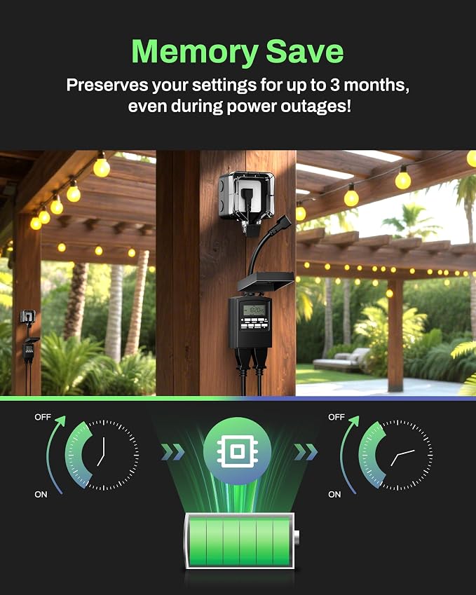 BN-LINK 7 Day Outdoor Heavy Duty Digital Programmable Timer, Outdoor Timer Outlet Waterproof, 2 Grounded Electrical Outlets for Christmas Lights, 15A 1/2HP,ETL Listed