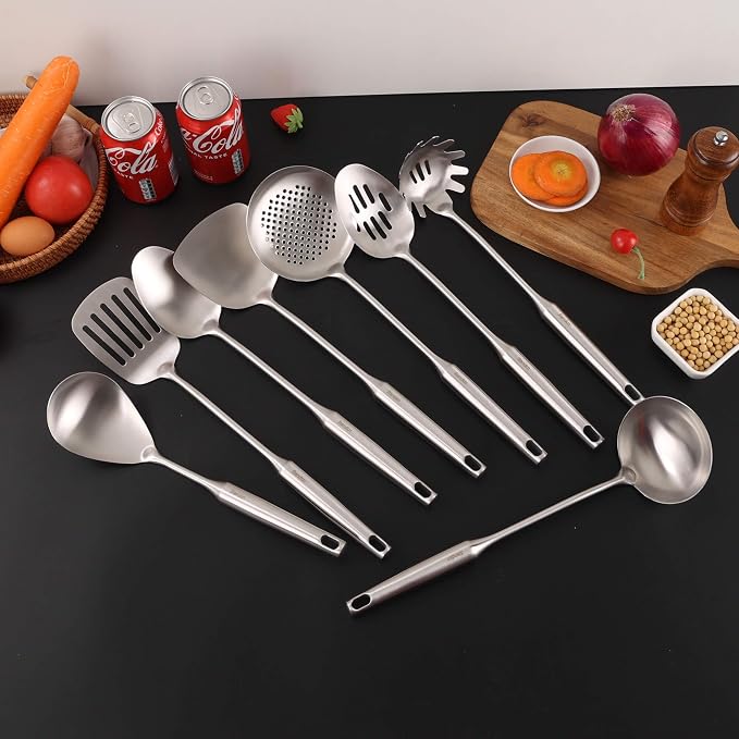 18/10 Stainless Steel Kitchen Utensils Set - 15” All Metal Cooking Tools & Serving Utensils, 8 PCS - Solid Spoon, Slotted Spoon, Spatula, Ladle, Skimmer, Tunner, Spaghetti Spoon, Large Spoon Set