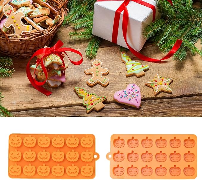 18 Cavities Silicone Cookies Biscuit Mold, Christmas Halloween Candy Mold, Reusable DIY Baking Mold Jelly Chocolate Mold, Ice Cube Tray Wax Melt Molds(Set of 2 Orange Pumpkin)