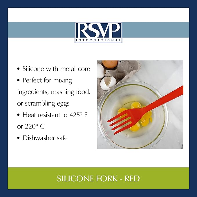 RSVP International Silicone Flexible Fork, Red, 11" | Mixes Ingredients, Mashes Food, Whisks Eggs, & More | Dishwasher Safe & Heat Resistant | Baking, Serving, Mixing Made Easy
