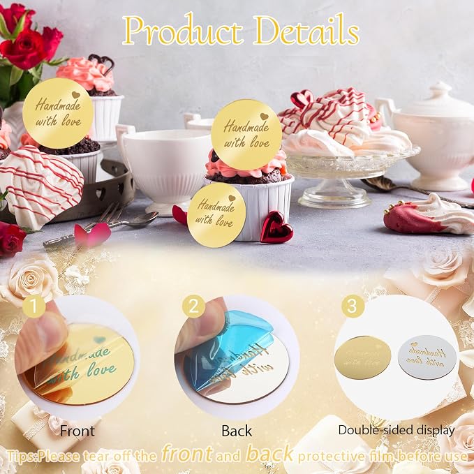 20Pcs Gold Handmade Cupcake Topper Acrylic Mirror Handmade Tags for Mother's Gift Gift Decorations Birthday Thanksgiving Party Favors Round Tags Decorations for Teacher Appreciation DIY Crafts