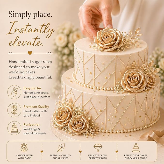 Confect Metallic Edible Champagne Gold Roses | Christmas Cupcake Toppers | Edible Flower For Cake Decorating | Pack Of 12 Edible Metallic Sugar Flowers for Cake Decorating