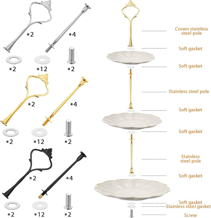 6 Sets 3 Tier Cake Stand Hardware Tiered Tray Plate Hardware Kit Heavy Metal Cake Fruit Food Plate Stand Fitting Stacking Kit for Serving Dessert Cupcake Dish Food(Simple,Black, Silver, Gold)