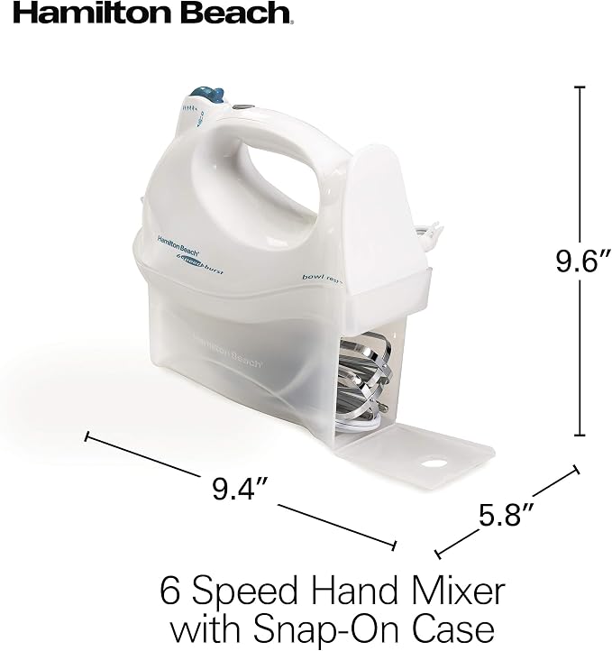 Hamilton Beach Power Deluxe 6-Speed Electric Hand Mixer with Snap-On Storage Case, QuickBurst, Beaters, Whisk, Powerful 250 Watt Motor, Bowl Rest, White (62695V)