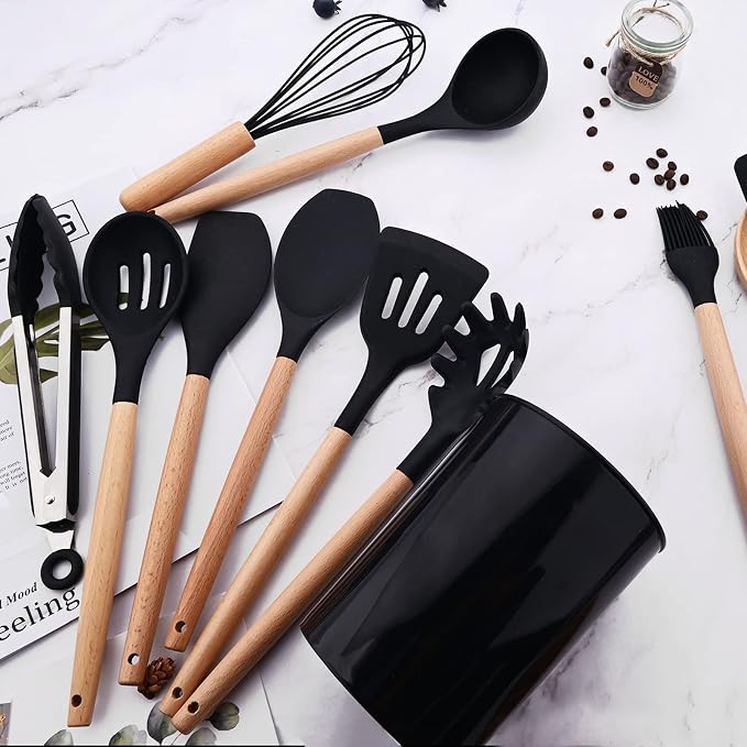 1pcs Black Silicone Spatula Set, Heat Resistant Baking Spoon, Nonstick Rubber Scraper Spatula Spoon Set with Wooden Handle for Baking Cooking Mixing