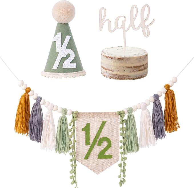 CWK Half Birthday Decorations for Baby, 1/2 Birthday High Chair Banner with Cone Hat & Cake Topper, Half Way to One Party Kit, Photo Props for 6 Month Baby Birthday(Green)