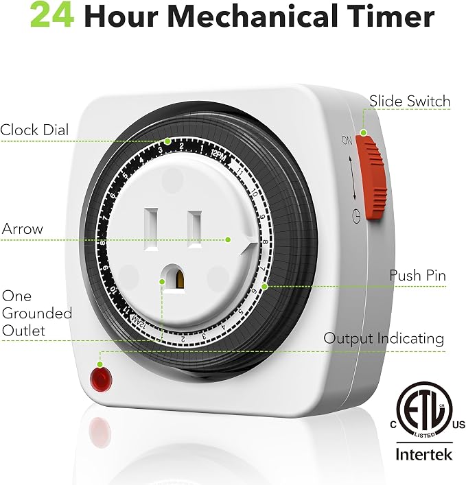 BN-LINK 24-Hour Plug-in Mechanical Timer, Heavy Duty Outlet Timer Indoor with 15-Minute Intervals, 3-Prong Plug for Aquariums, Grow Lights, Hydroponics, Indoor Lighting, ETL Listed, 1-Pack
