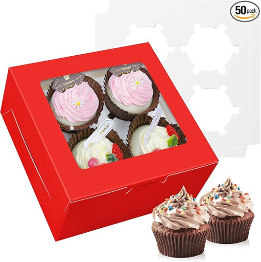 50-Set Cupcake Boxes Bulk with Clear Display Window Hold 4 Standard Cupcakes, Disposable Food Grade Red Cupcake Carrier Cupcake Container, Perfect for Cupcakes Muffins Cookies Pastries