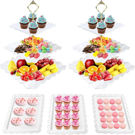 5 Pcs Cupcake Stand Set-Dessert Table Display Set with 2xlarge 3-Tier Cupcake Stands + 3X Appetizer Trays Perfect (Wave)