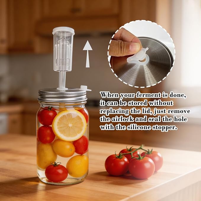 Fermentation Lids Kit for Wide Mouth Mason Jars | 6 304 Stainless Steel Fermenting Lids with 6 Airlocks, 6 Silicone Rings & Grommets-Complete Mason Jar Fermentation Set for Brewing, Fermenting(No Jars