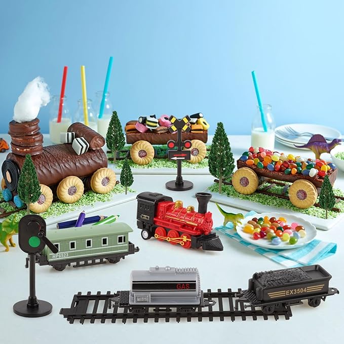 12Pcs Train Cake Toppers Train Cake Decorations with Traffic Track Railway Lights Sign for Trains Themed Birthday Party Decorations Transport Themed Party Supplies