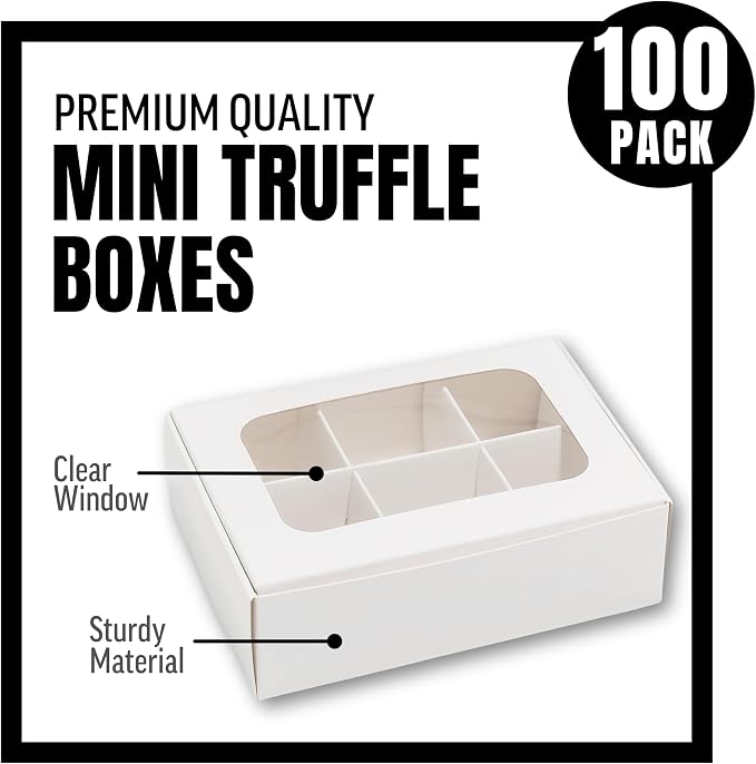 100 pcs White Mini Truffle Box for 6 treats with Window and Dividers, Bakery Boxes, 5 x 3.5 x 1.57 Inches VERY SMALL Baking Boxes, Square Truffles Decorating Supplies for Gift Giving
