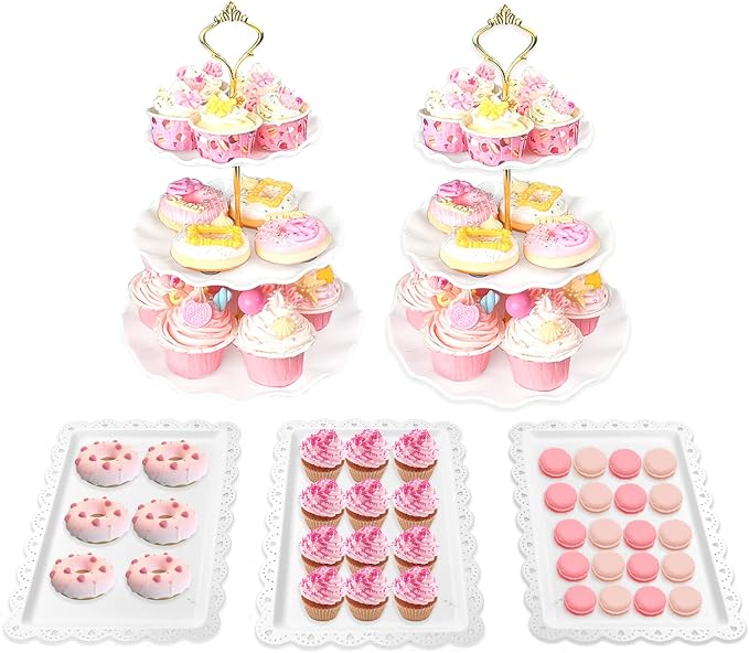 Cake Stand Set-5 Pcs Cupcake Stand Set-Dessert Table Display With 2xlarge 3-Tier + 3x Appetizer Trays Perfect For Wedding Baby Shower Home Birthday Tea Party Decoration(Wave)