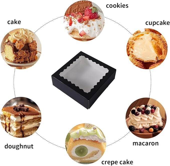 36 pcs 9x9x2.5 Inches Bakery Boxes with Window, Cake Pastry Cookie Mini Pie Box for Pastry,Dessert,Strawberries,Chocolates box (Black)