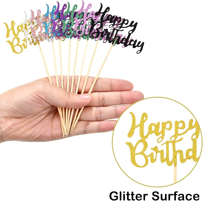 Boao 64 Pieces Happy Birthday Cupcake Toppers Glitter Cake Topper Picks Dessert Topper Decoration for Birthday Party Anniversary Celebration, 8 Colors