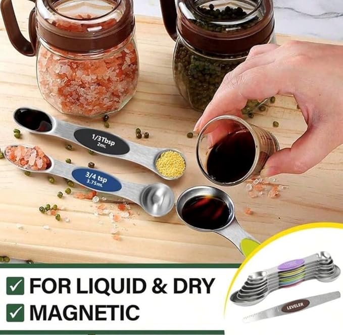 Measuring Spoons Stainless Steel Magnetic - Set of 9 with Leveler, Dual Sided Metal Teaspoon & Tablespoon Measuring Spoons, Nesting Kitchen Gadgets for Baking & Cooking, Variable Colors