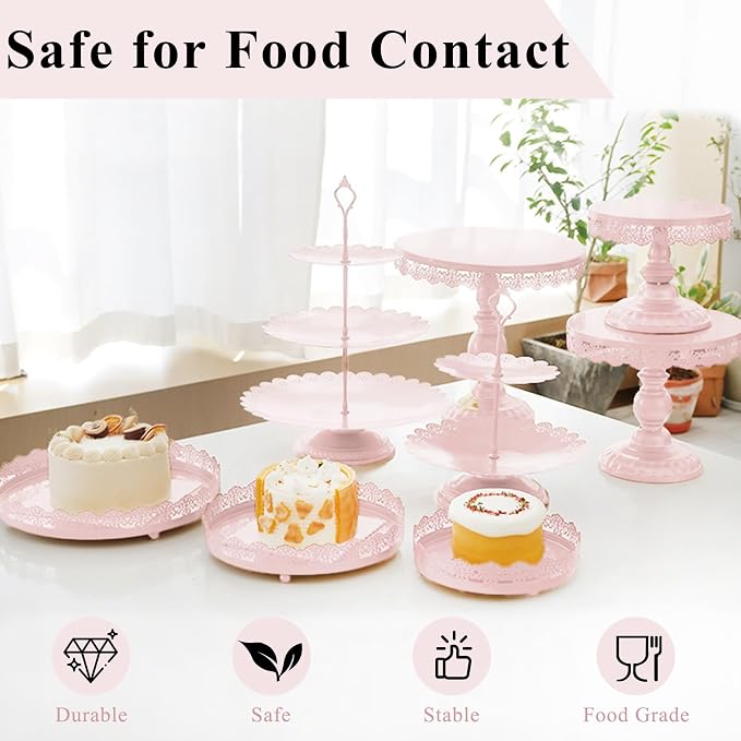 Set of 9 Cake Stands Metal Cupcake Stand Set Multiple Styles Candy Fruit Display Tower Dessert Plate Cake Serving Tray for Birthday Party Wedding Anniversary Baby Shower Engagement (Pink)