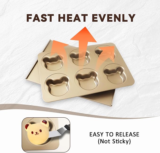 6-Cup English Muffin Pan, Nonstick & Sliding Lid, Bear Shape | 2-in-1 Sliding Lid for Proofing & Baking, Bear Shaped Muffin Pans, Nonstick Carbon Steel Hamburger Bun Mold
