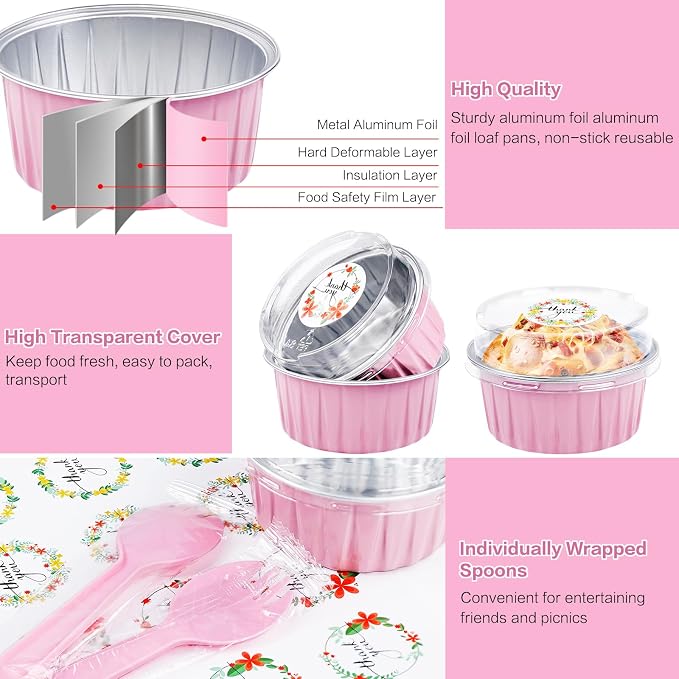 60Pcs Mini Cake Pans with Lids Aluminum Foil, ZOXILEN 5oz Disposable Mini Loaf pans with Lids and Spoons, Small Baking Cups Pie Tins Muffin Pan Cheesecake Containers for Party Pink Round
