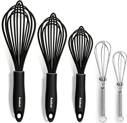 Anaeat Kitchen Whisk Set of 5, Perfect for Non-Stick Cookware, Egg Beater Milk Blender for Whisking, Cooking, Baking - 5"+7" Mini Wire Whisk and 9''+11''+12'' Silicone Balloon Whisks (Black)