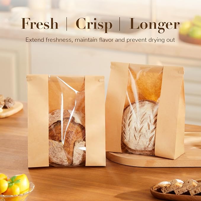 200 Pack Paper Bread Bags for Sourdough, Large Bread Bags with Tabs for Homemade Bread Round Sourdough Loaf Bags for Gifting (8.3x3.5×13 Inches) | Grease Resistant