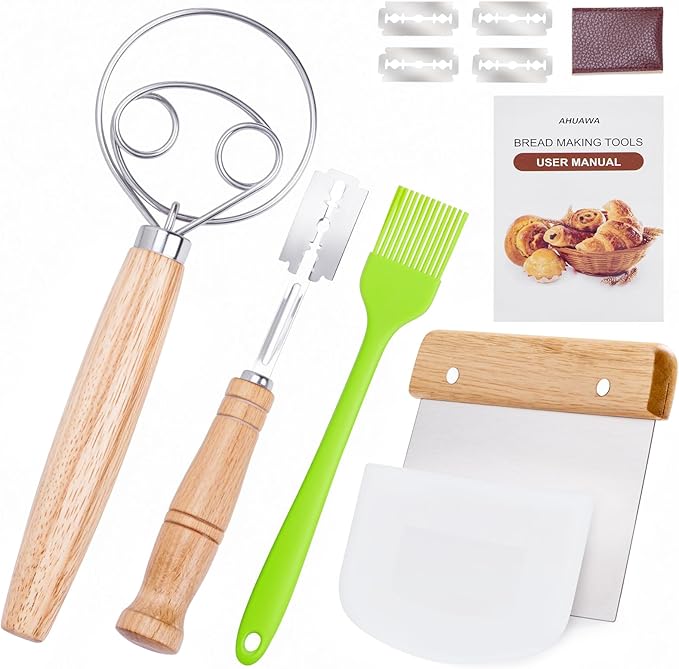 Danish Dough Whisk with Sourdough Scoring Tool, Bread Making Tools and Baking Supplies - Dough Hook Dutch Whisk, Bread Lame, Bench Scraper & Pastry Brush