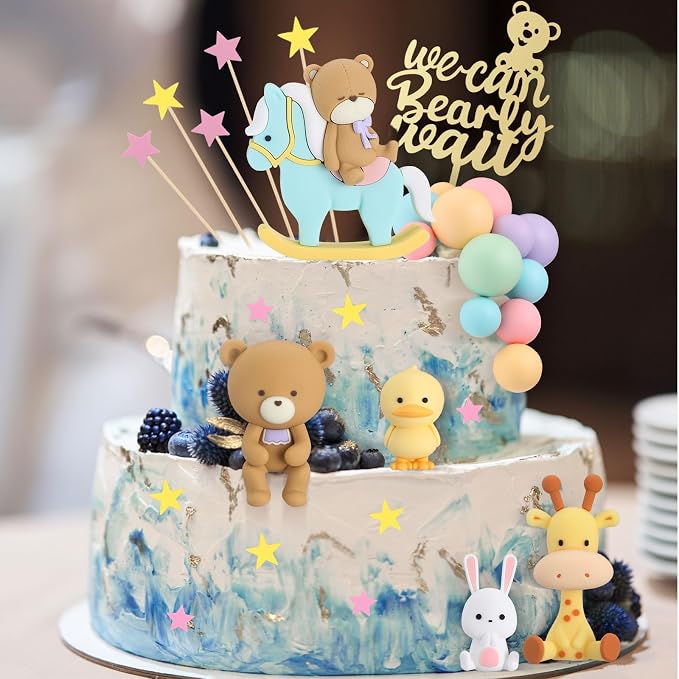 Yinder Bear Cake Toppers Mini Bear Cake Decorations Cake Toppers Gold White Pearl Ball for Birthday Party Decorations(Bright Color,Fresh Style)