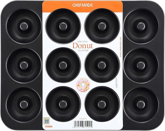 CHEFMADE Nonstick Donut Pan, 12 Cavity Ring Doughnut Pan for Baking Cookies Bagel (Black)