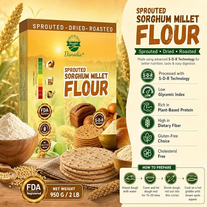 Danodia Foods Sprouted Jowar Flour 950g / 2 lb, Sorghum Flour/Jowar Atta, Roasted & Ground Millet Flour for Roti, Bhakri, Flatbread, Porridge & Baking, Indian & US Pantry