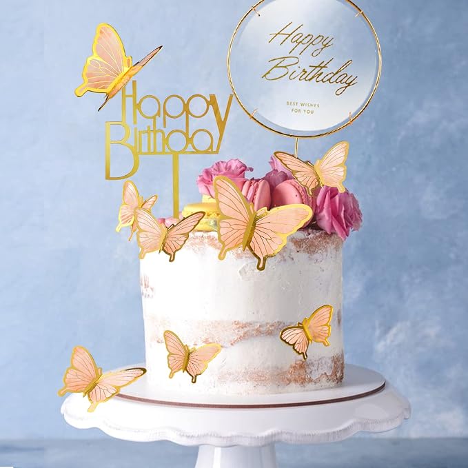 22-Pieces Butterfly Cake Decorations With Happy Birthday Acrylic Cake Toppers for Baby Shower Wedding Birthday Party Decor (Orange)