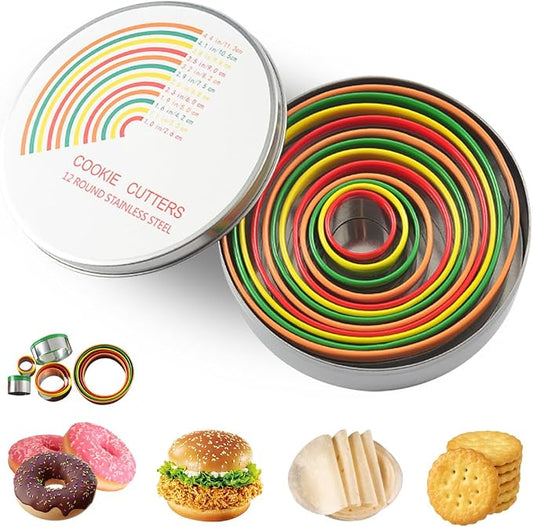Round Cookie Biscuit Cutter Set,12 PCS Donut Cutter Round Cookie Cutter Set for Baking Doughnut,Clay,Scone,Pastry, Fondant Cutter Molds with Colorful Rubber Protective Case