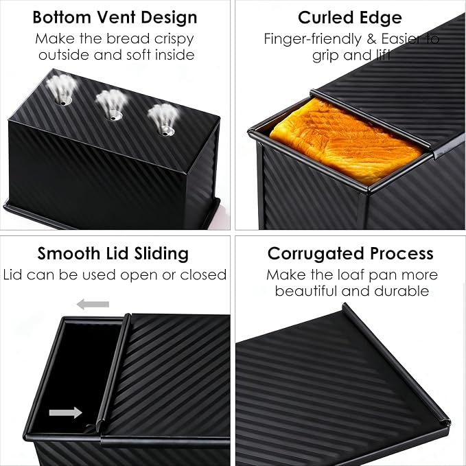 Saiveina 【5 Bonus Heart Shaped Cake Pans 】 Pullman Loaf Pan with Lid, 1 lb Bread Loaf Pan Non-Stick Carbon Steel, Square Bakeware for Sandwich, Shokupan, Pain de Mie, Sourdough, Toast, Black