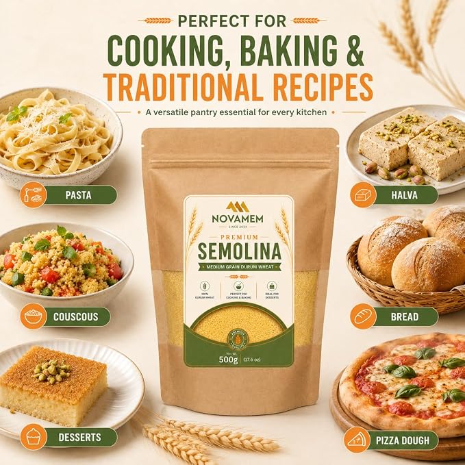 Premium Semolina Flour, Authentic Turkish Durum Wheat for Pasta, Couscous, Baking & Traditional Desserts, Freshness-Sealed Pouch, 500g (17.6 oz)