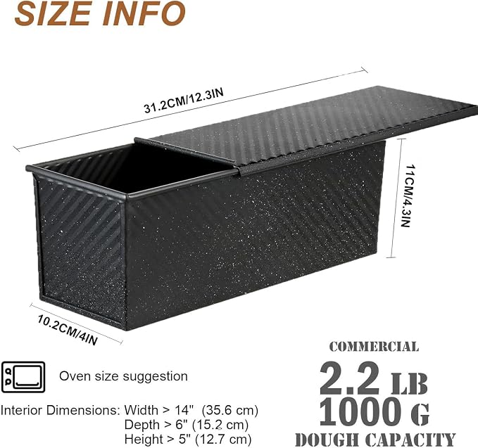 Axim Loaf Pan with Lid,2.2lb Carbon Steel Bread Pan with Slide Cover,Pullman Bread Mould Loaf Tin for Baking Homemade Sourdough & Sandwich Bread (Black)