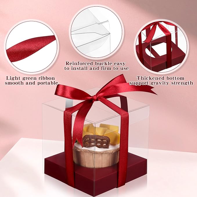 Thenshop 50 Pcs Clear Cupcake Boxes Individual 3.5 Inch Plastic Single Cupcake Containers Boxes with Inserts and Ribbon Individual Cake Storage Holders for Cake Kitchen(Claret)