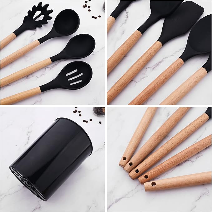 1pcs Black Silicone Spatula Set, Heat Resistant Baking Spoon, Nonstick Rubber Scraper Spatula Spoon Set with Wooden Handle for Baking Cooking Mixing