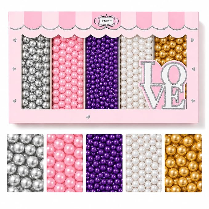 Confect Pearl Sprinkles | Sprinkles for Cakes & Cupcakes Decoration | Assorted pack of 5 Royal Unicorn | Mix Sliver, Baby Pink, Purple, White & Golden Dragees | Vegan, Gluten-Free, Nut-Free, Soy-Free, Dairy-Free, Palm Oil-Free, No Artificial Dyes - 5 Oz