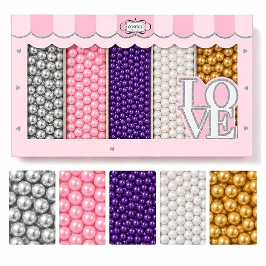 Confect Pearl Sprinkles | Sprinkles for Cakes & Cupcakes Decoration | Assorted pack of 5 Royal Unicorn | Mix Sliver, Baby Pink, Purple, White & Golden Dragees | Vegan, Gluten-Free, Nut-Free, Soy-Free, Dairy-Free, Palm Oil-Free, No Artificial Dyes - 5 Oz