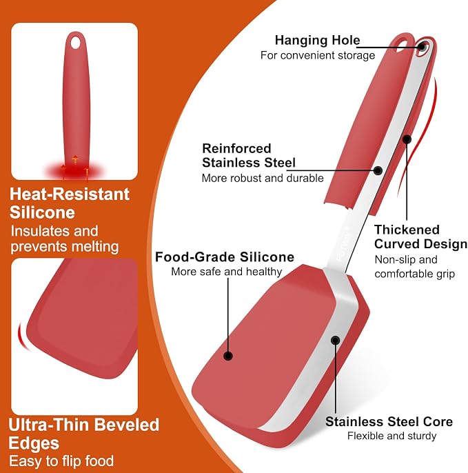 Silicone Spatula, 13 x 3.2 In, 600°F Heat Resistant (Red) | Flexible Turner, BPA Free, Non Scratch for Non Stick Frying Pan, Kitchen Cooking, Flipping, Dishwasher Safe